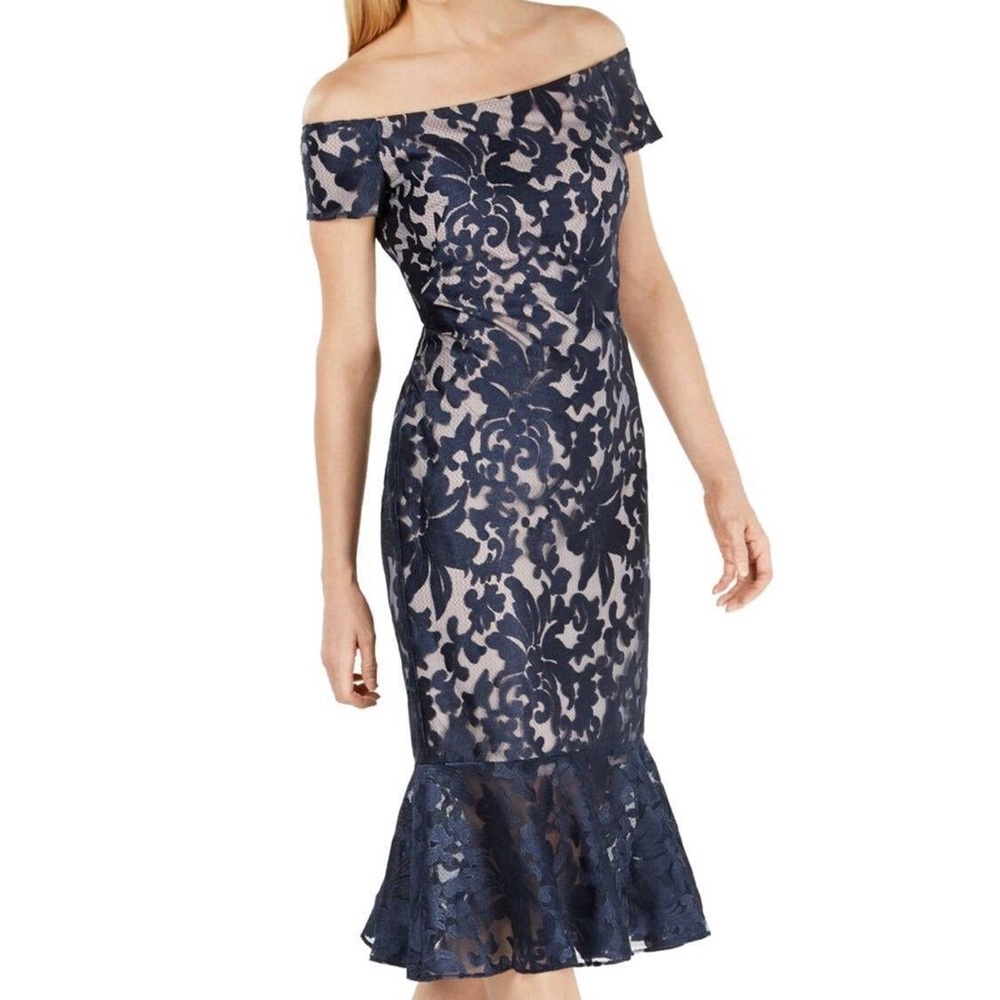 Calvin Klein Off-Shoulder Navy Lace Midi Dress